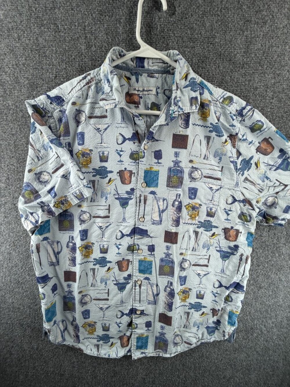 Tommy Bahama Blue Brown Graphic Print Cotton Tencel Medium Short Sleeve Shirt